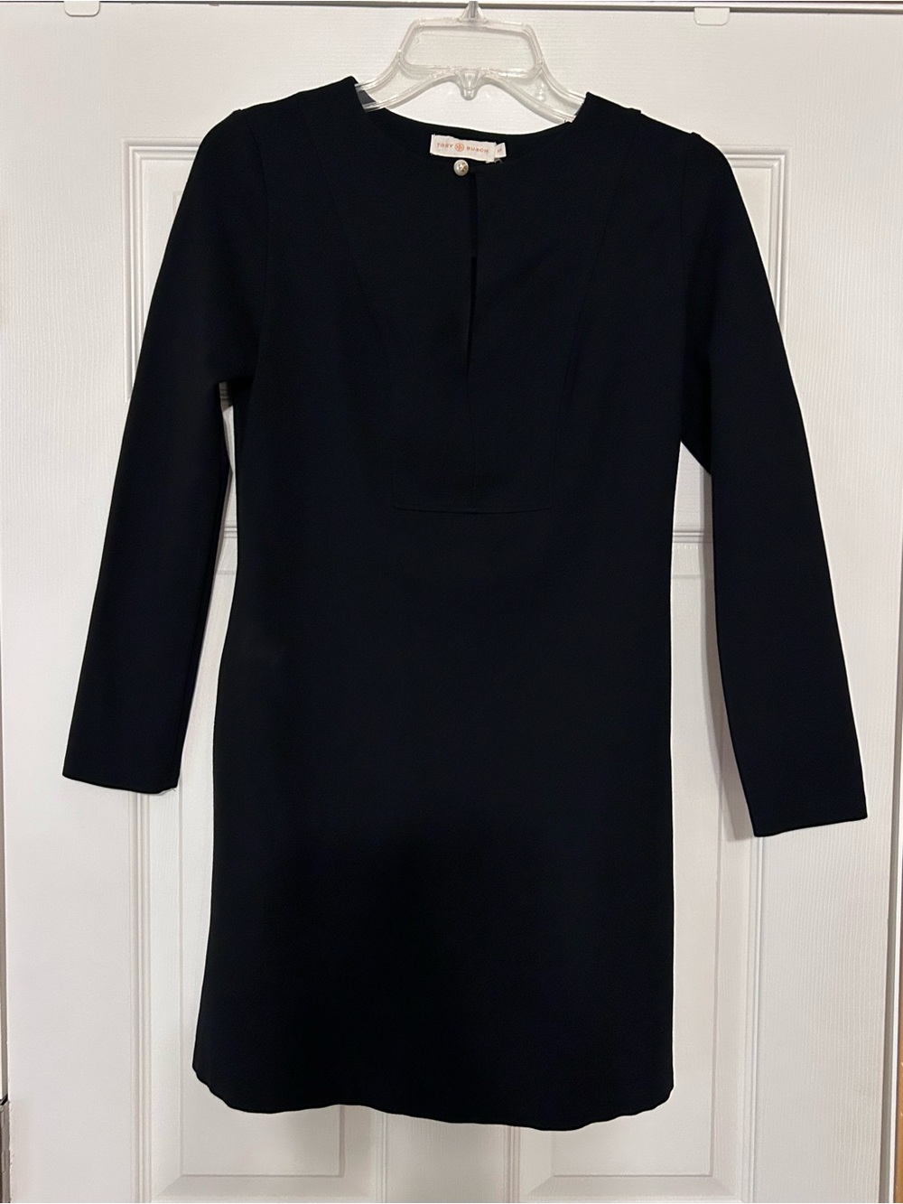 Tory Burch Black Long-Sleeve Shift Dress with Pearl Button
